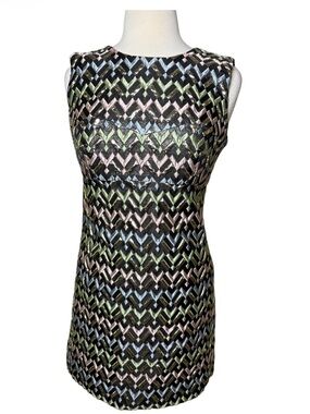 Milly Runway Couture Sleeveless Chevron Metallic Shift Dress in Black-Size 4